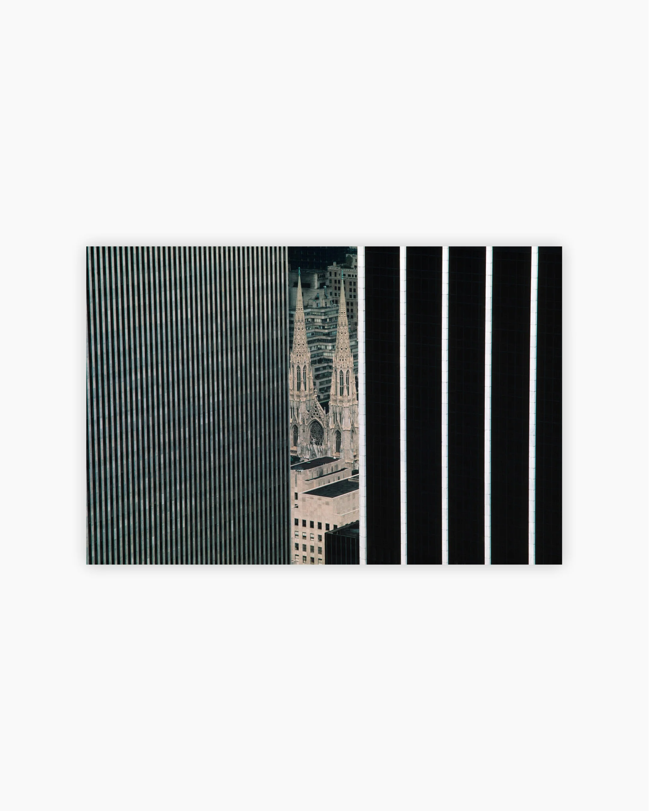 Fine Print: St. Patrick’s Cathedral seen through modern skyscrapers. New York City, 1983